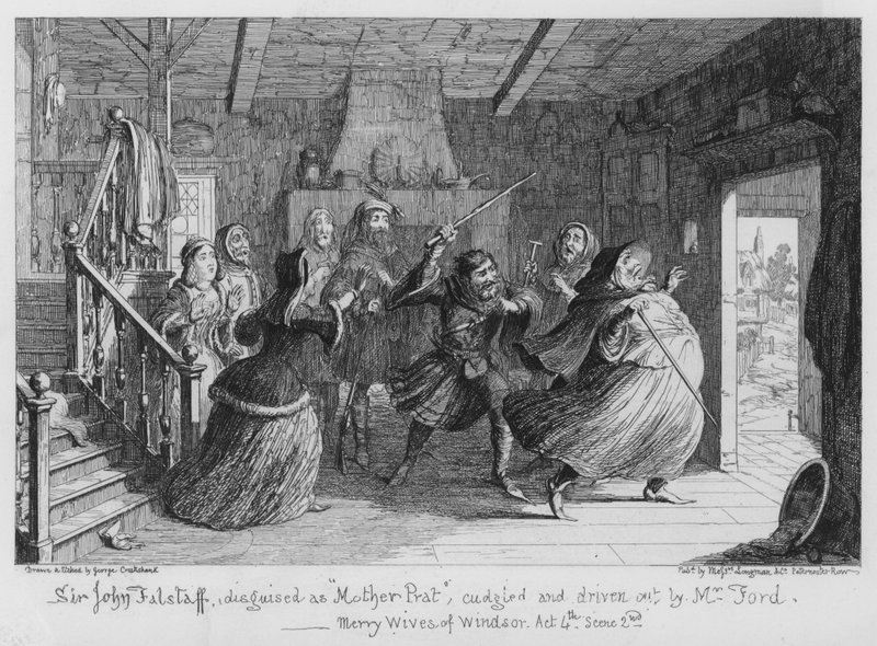 Sir John Falstaff, forkledd som mor Prat, klemt og drevet ut av Mr. Ford av George Cruikshank