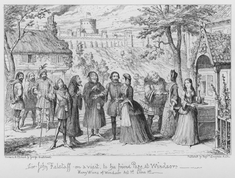 Sir John Falstaff på besøk hos sin venn Page i Windsor av George Cruikshank