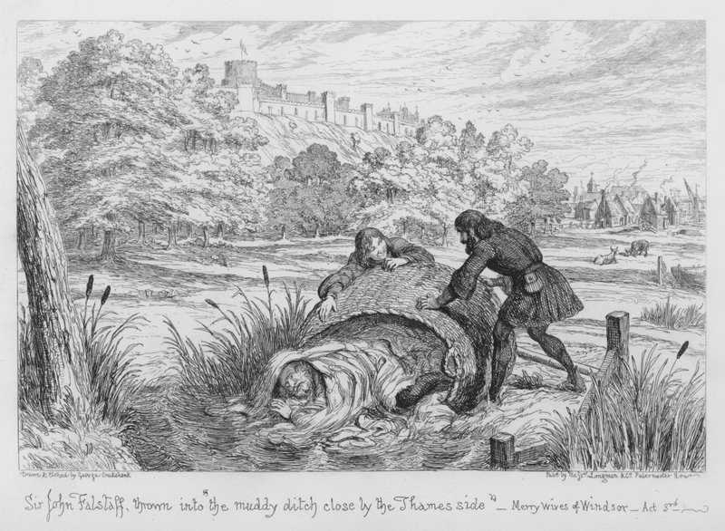 Sir John Falstaff kastet i den gjørmete grøfta like ved Themsen av George Cruikshank