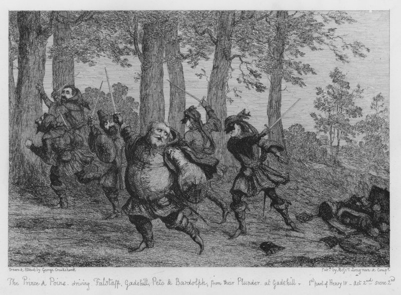Prinsen og Poins driver Falstaff, Gadshill, Peto og Bardolph fra plyndringsstedet deres ved Gadshill av George Cruikshank