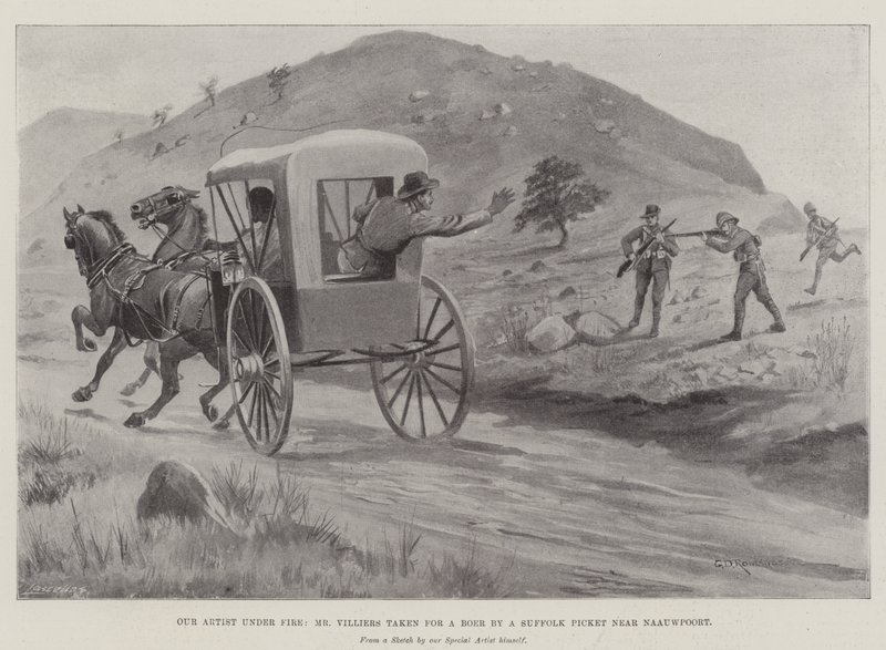 Vår artist under Fire, Mr Villiers tatt for en villsvin av en Suffolk Picket nær Naauwpoort av George Derville Rowlandson