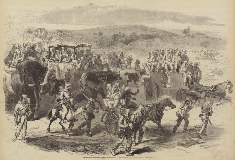 Forsterkninger presser seg frem til leiren før Delhi av George Francklin Atkinson