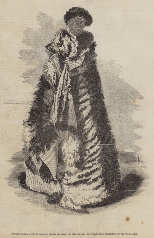Paratene Maioha, en sjef for Wangaroa, iført Parawai eller hundehudkappe av George French Angas