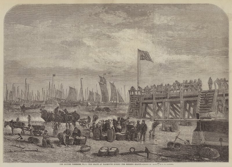British Fisheries, nr. 2, stranden ved Yarmouth under sildesesongen av George Henry Andrews