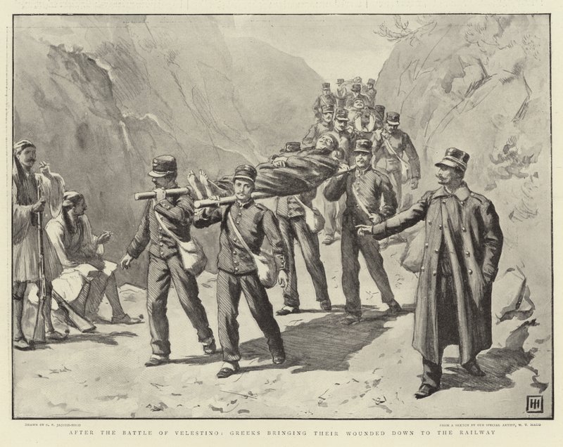 Etter slaget ved Velestino brakte grekere sine sårede ned til jernbanen av George Percy Jacomb Hood