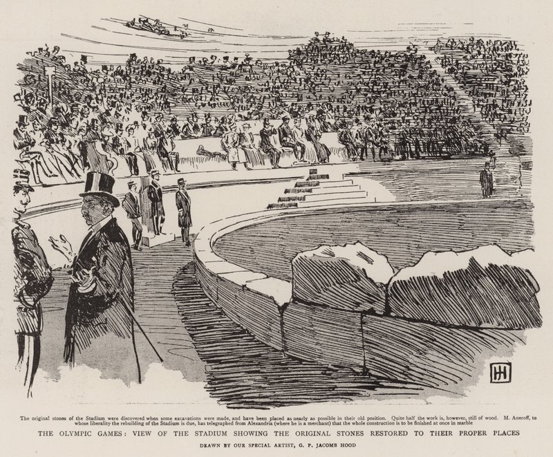 De olympiske leker, utsikt over stadion som viser de originale steinene restaurert til sine riktige steder av George Percy Jacomb Hood