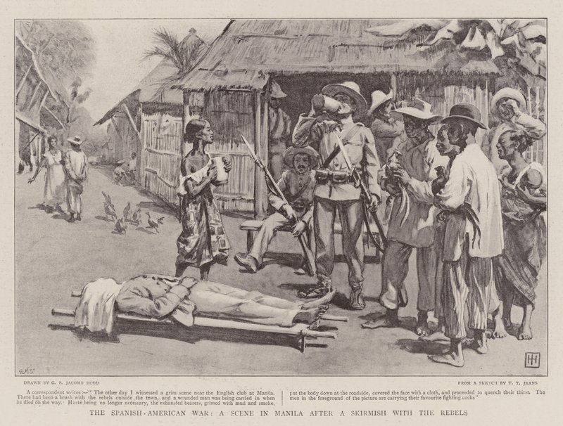 Den spansk-amerikanske krigen, en scene i Manila etter en trefning med opprørerne av George Percy Jacomb Hood