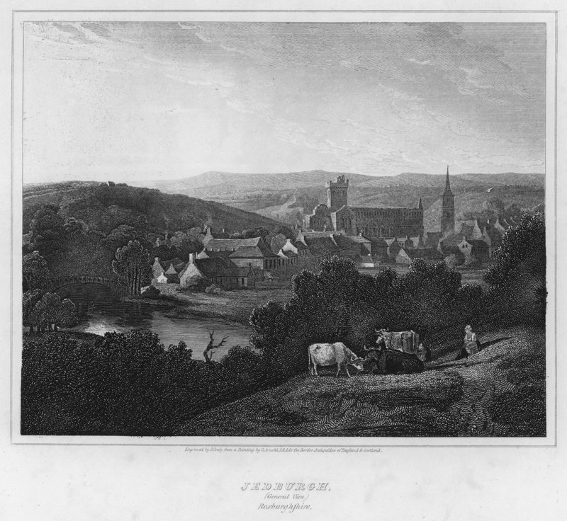 Jedburgh, generell utsikt, Roxburghshire (gravering) av George (after) Arnald