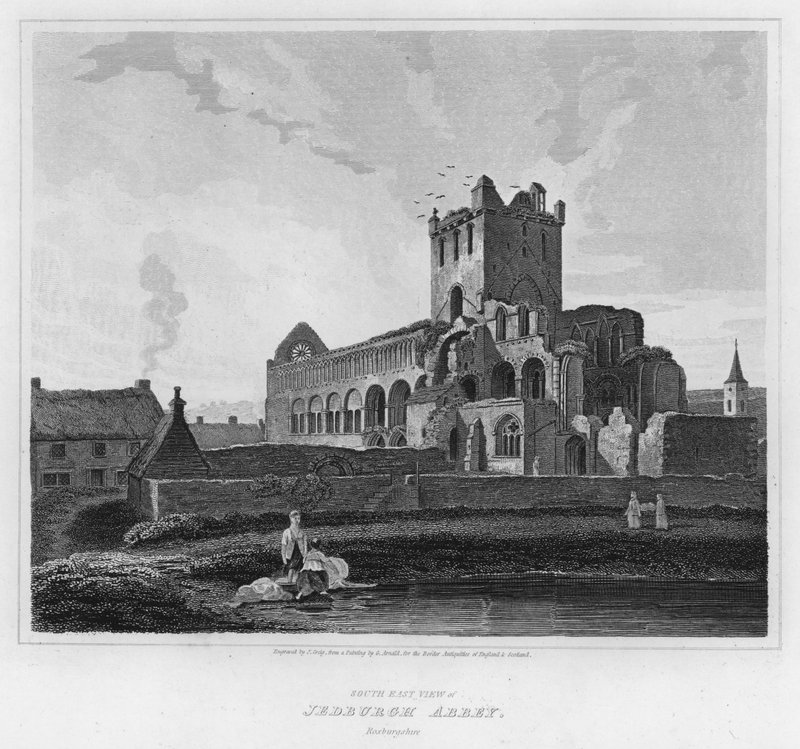 Sørøstutsikt over Jedburgh Abbey, Roxburgshire (gravering) av George (after) Arnald