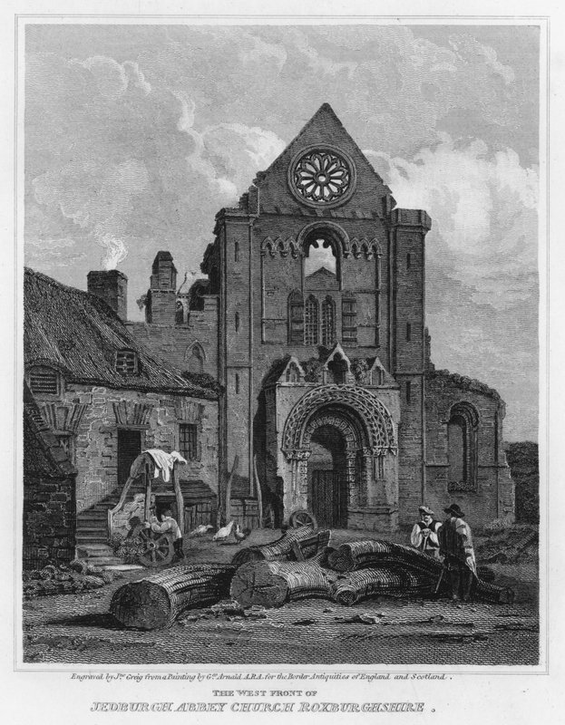 Vestfronten til Jedburgh Abbey Church Roxburghshire (gravering) av George (after) Arnald