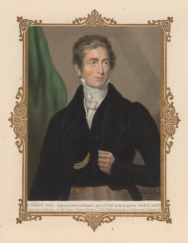 Sir Robert Peel , britisk politiker og to ganger statsminister (farge litho) av George (after) Baxter