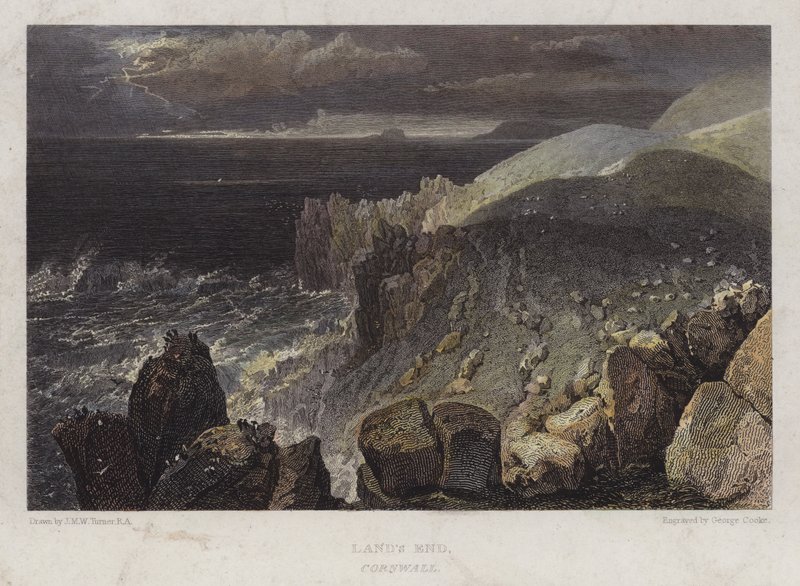 Lands End, Cornwall (farget gravering) av George (after) Cooke