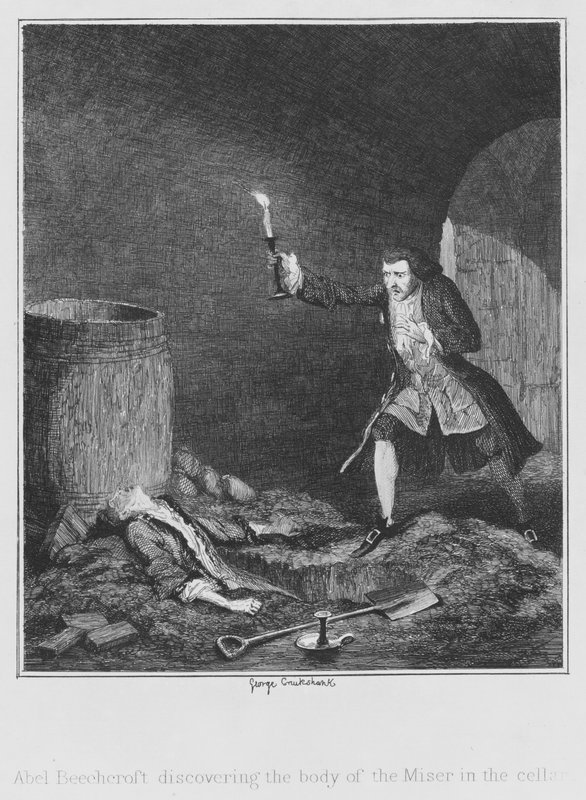 Abel Beechcroft oppdager liket av gjerrig i kjelleren (gravering) av George (after) Cruikshank
