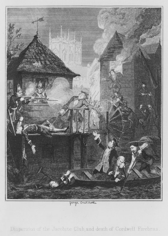 Spredning av Jacobite Club og død av Cordwell Firebras (gravering) av George (after) Cruikshank