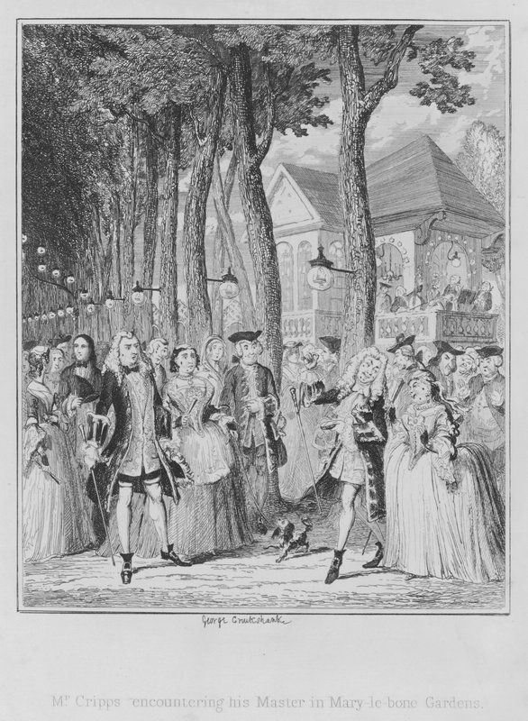 Mr Cripps møter sin mester i Mary-le-bone Gardens (gravering) av George (after) Cruikshank