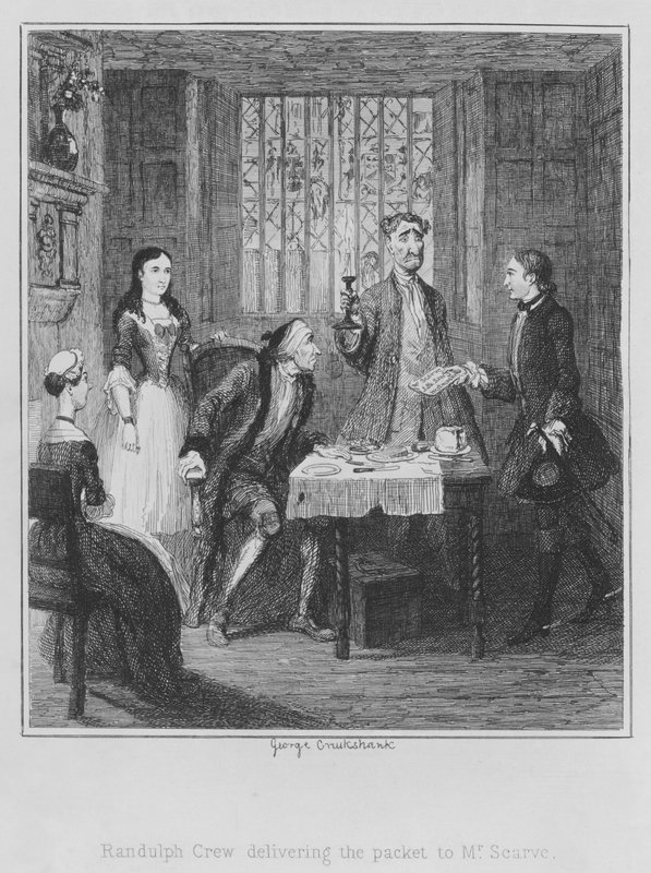 Randulph Crew leverer pakken til Mr Scarve (gravering) av George (after) Cruikshank