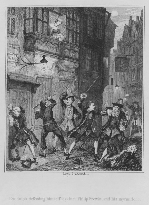 Randulph forsvarer seg mot Philip Frewin og myrmidonene hans (gravering) av George (after) Cruikshank