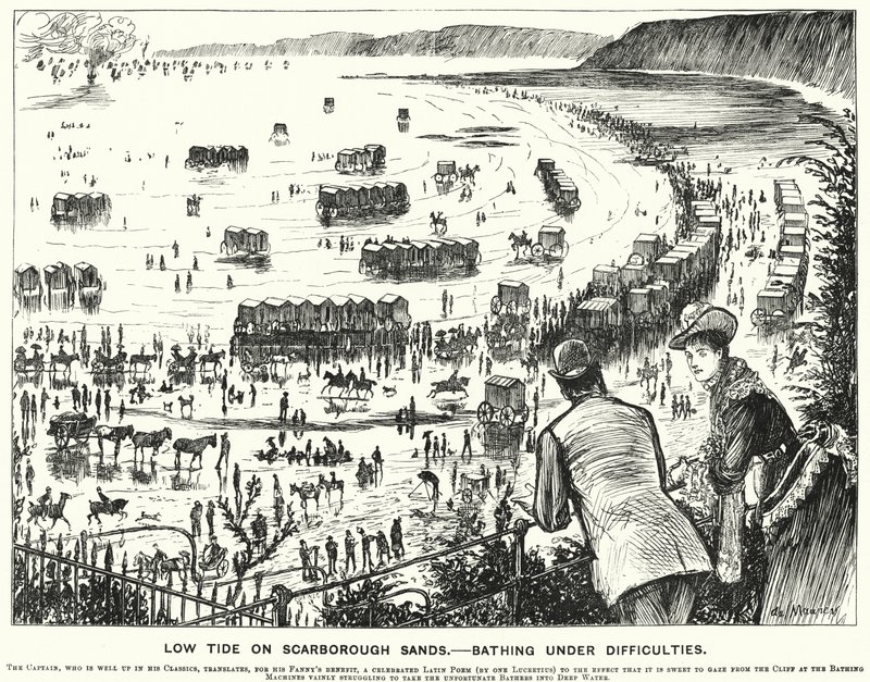 Punch tegneserie: Low Tide on Scarborough Sands - Bading under vanskeligheter (gravering) av George (after) Du Maurier