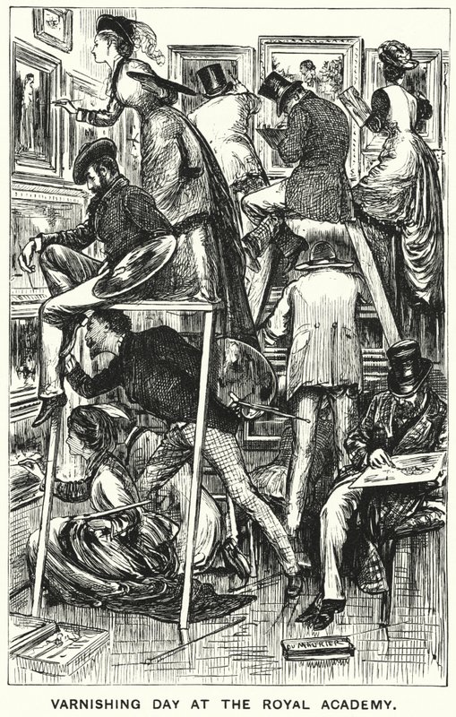 Punch tegneserie: Varnishing Day at Royal Academy (gravering) av George (after) Du Maurier