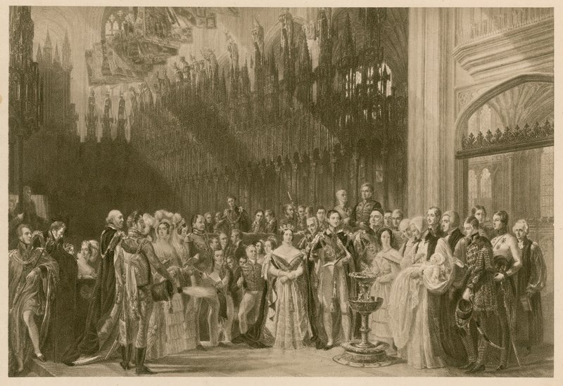 Dåp av prinsen av Wales, den fremtidige kong Edward VII, St George's Chapel, Windsor Castle, 24. januar 1842 (fotogravyr) av George (after) Hayter
