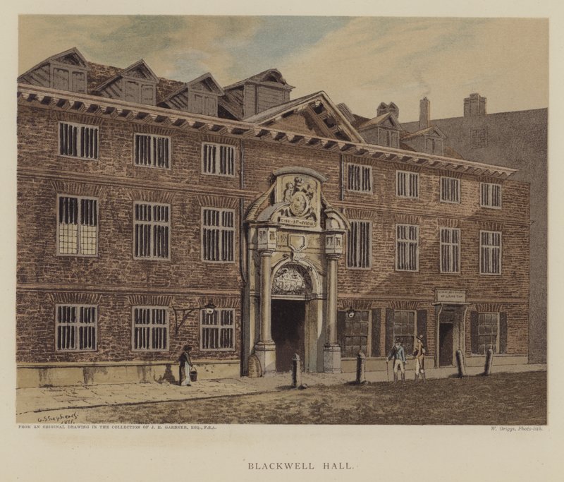 Blackwell Hall, City of London (farge litho) av George (after) Shepherd