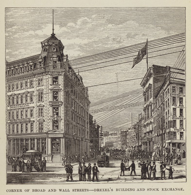 Corner of Broad and Wall Streets, Drexels Building and Stock Exchange av George Augustus Sala