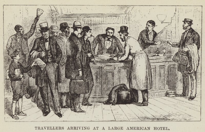 Reisende som ankommer et stort amerikansk hotell av George Augustus Sala
