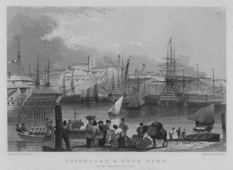Devonport og Dockyard, fra Cremill Passage (gravering) av George Bryant Campion