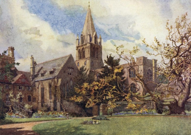 Oxford: Christ Church fra en av Canon's Gardens (farge litho) av George Carline