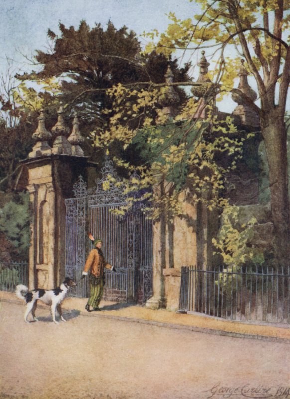 Oxford: Trinity College Gates, Parks' Road (farge litho) av George Carline