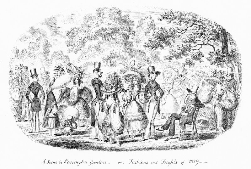 En scene i Kensington Gardens, eller Fashions and Frights of 1829 (gravering) av George Cruikshank