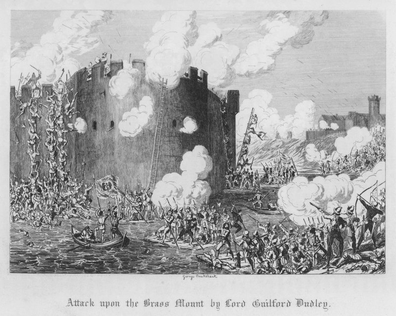 Attack on the Brass Mount av Lord Guilford Dudley (gravering) av George Cruikshank