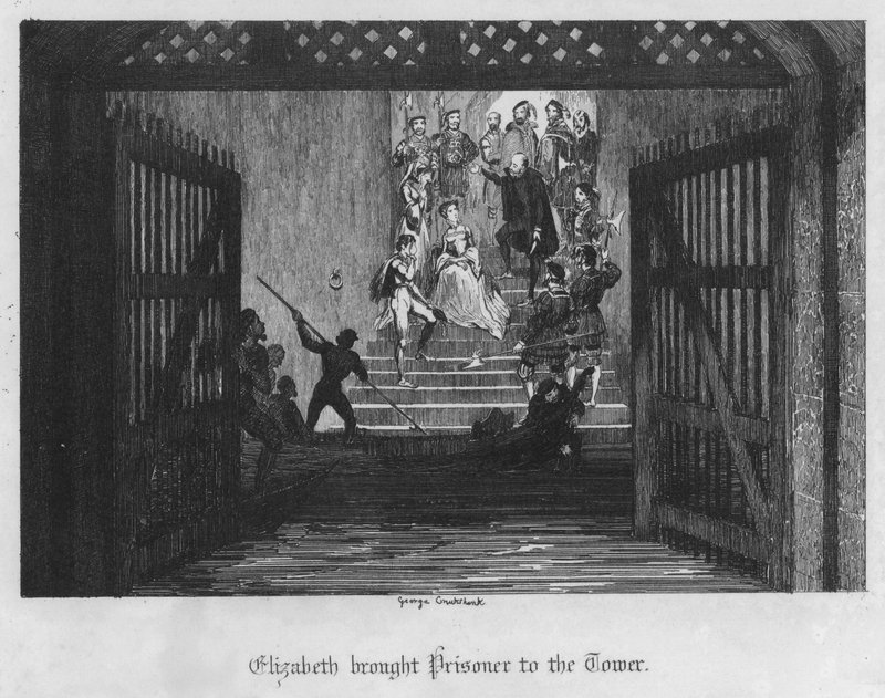 Elizabeth brakte fangen til tårnet (gravering) av George Cruikshank