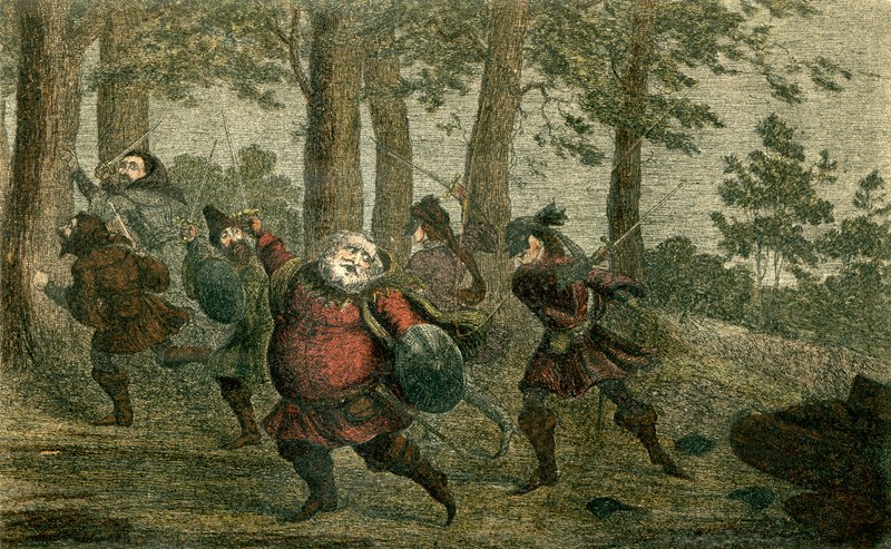 Falstaff svetter i hjel, og sviner den magre jorden mens han går av George Cruikshank