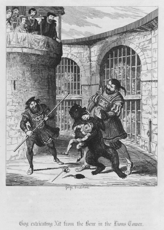 Gog fjerner Xit fra bjørnen i Lions Tower (gravering) av George Cruikshank