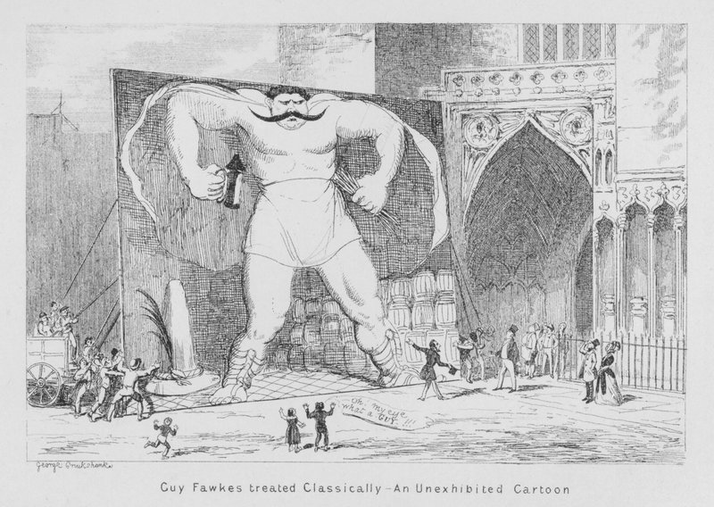 Guy Fawkes behandlet klassisk, En uutstilt tegneserie (gravering) av George Cruikshank