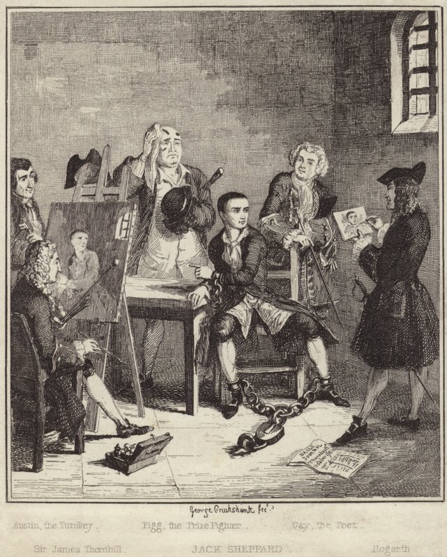 Jack Sheppard får sitt portrett malt av Sir James Thornhill i fengselet av George Cruikshank