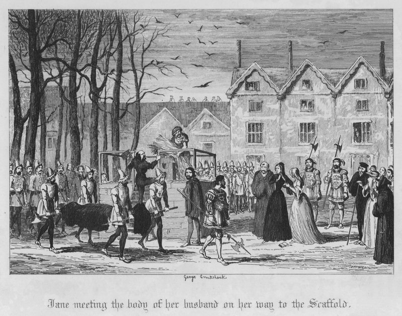 Jane møter liket av mannen sin på vei til stillaset (gravering) av George Cruikshank