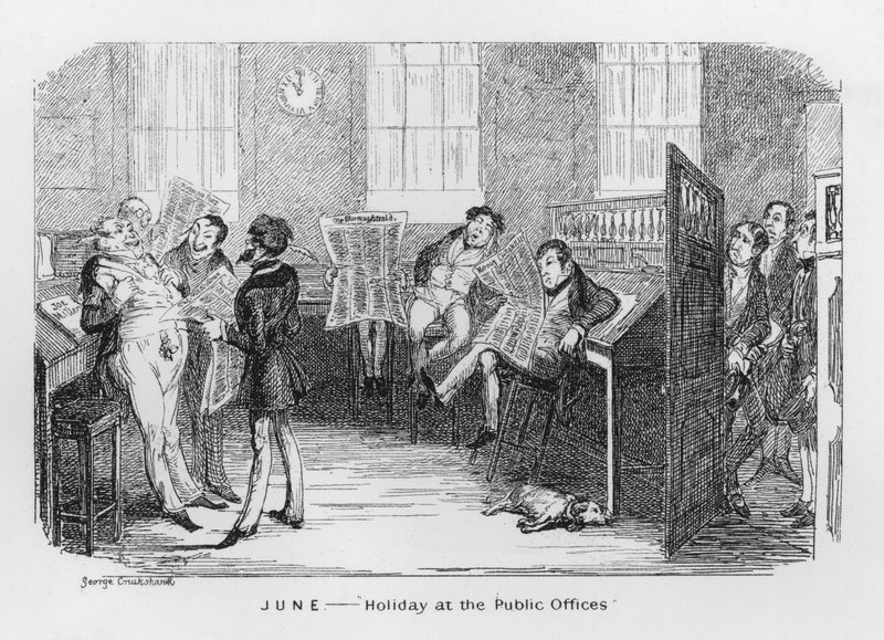 juni, ferie på offentlige kontorer (gravering) av George Cruikshank