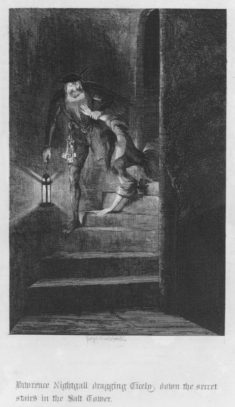 Lawrence Nightgall drar Cicely ned de hemmelige trappene i Salt Tower (gravering) av George Cruikshank