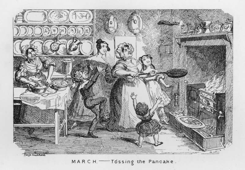 mars, kaste pannekaken (gravering) av George Cruikshank
