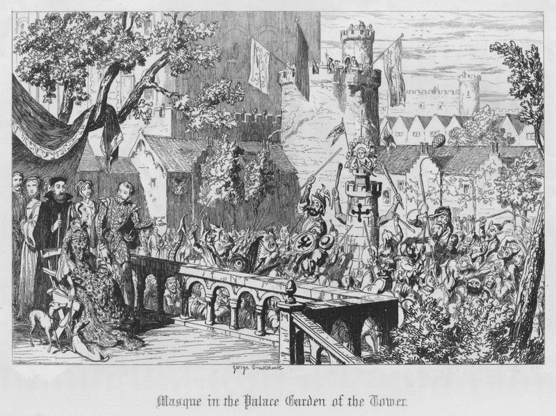 Masque i Palace Garden of the Tower (gravering) av George Cruikshank