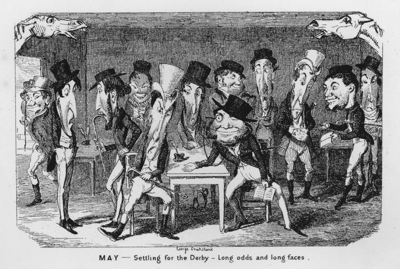 mai, nøyer seg med derbyet, lange odds og lange ansikter (gravering) av George Cruikshank