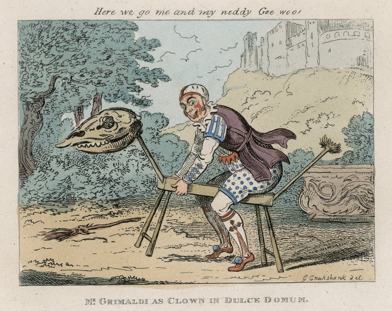 Mr Joseph Grimaldi som klovn i Dulce Domum av George Cruikshank
