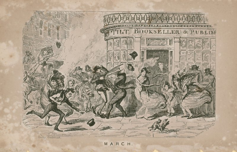 Folk kjemper mot den sterke vinden av George Cruikshank