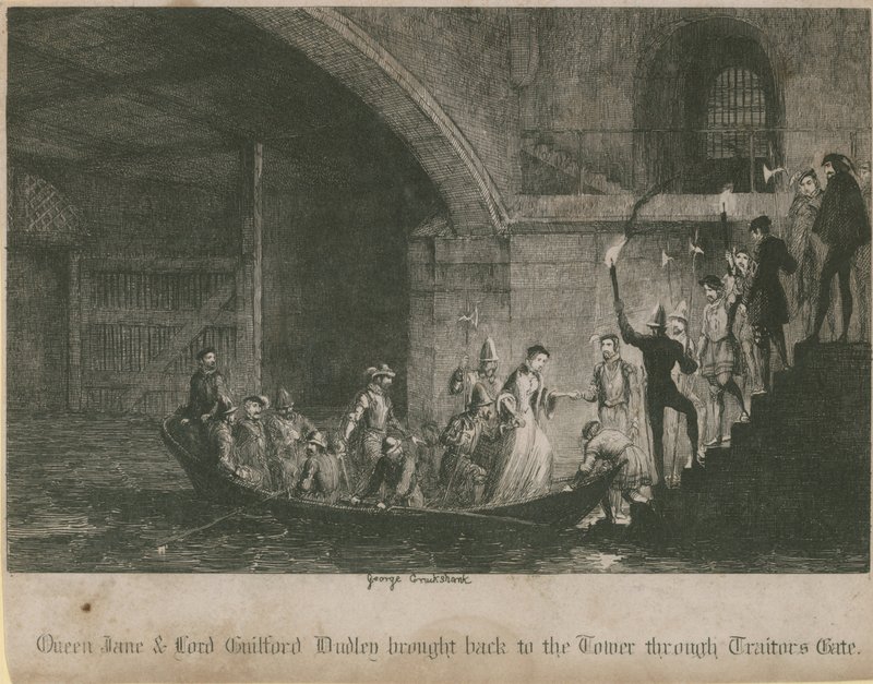Dronning Jane og Lord Guilford Dudley brakt tilbake til tårnet gjennom Traitors Gate av George Cruikshank