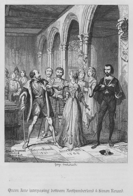 Dronning Jane mellom Northumberland og Simon Renard (gravering) av George Cruikshank