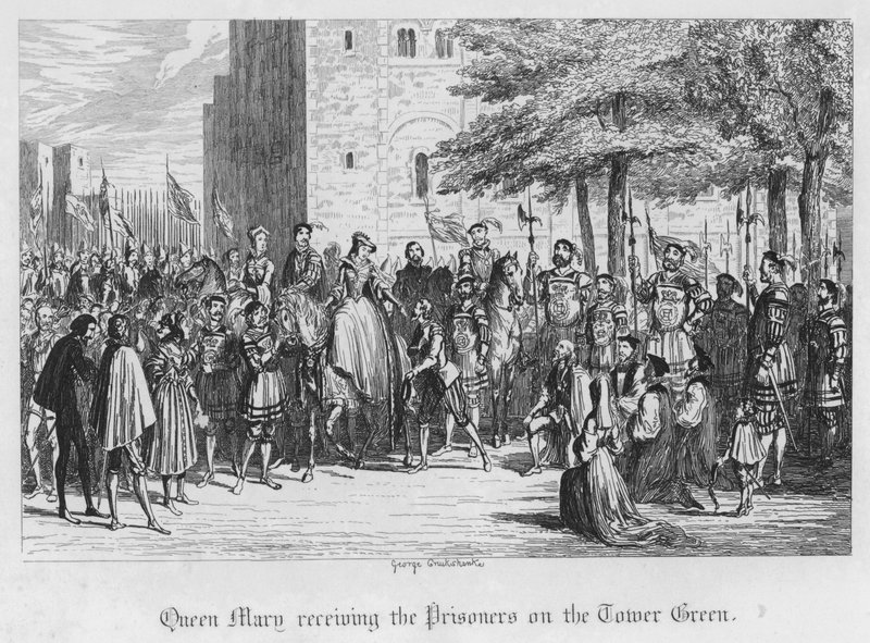 Queen Mary mottar fangene på Tower Green (gravering) av George Cruikshank