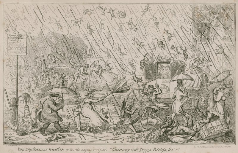 Regnende katter, hunder og høygafler av George Cruikshank