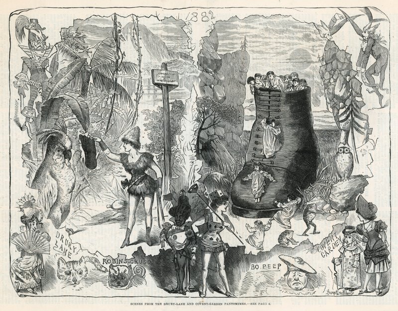 Scener fra Drury Lane og Covent Garden Pantomimes av George Cruikshank